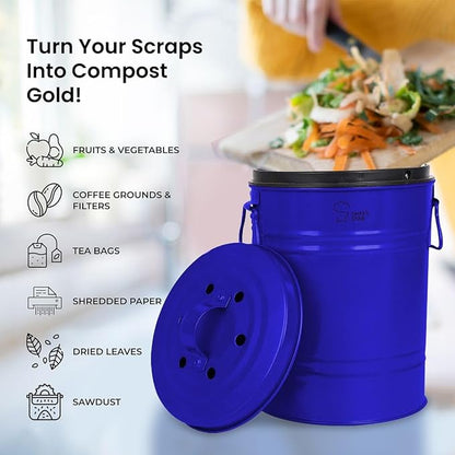 Chef's Star Countertop Compost Bin for Kitchen, Indoor Compost Bin for Kitchen Counter, Small Composter for Kitchen Counter, with Charcoal Filter, Airtight Lid, 0.8 Gallon Compost Pail, Blue