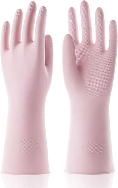 COOLJOB Small Household Rubber Gloves with Cotton Liner & Non-slip Grip, Waterproof Long Lasting Dishwashing Gloves for Kitchen & Bathroom Cleaning, Light Pink, 1 Pair