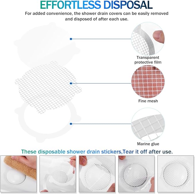 POPETPOP 50 Pcs Disposable Shower Drain Hair Catcher Mesh Stickers Round Adhesive Floor Drain Covers for Bathroom and Kitchen Hair Stopper
