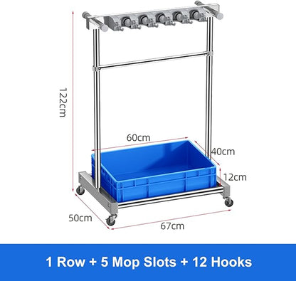 Movable Broom Mop Holder, Floor Standing Cleaning Tool Cart Storage, Freestanding Cleaning Supplies Organizer Wet Mop Drain Rack Housekeeping Station Storage Tools for Home Garage Schools