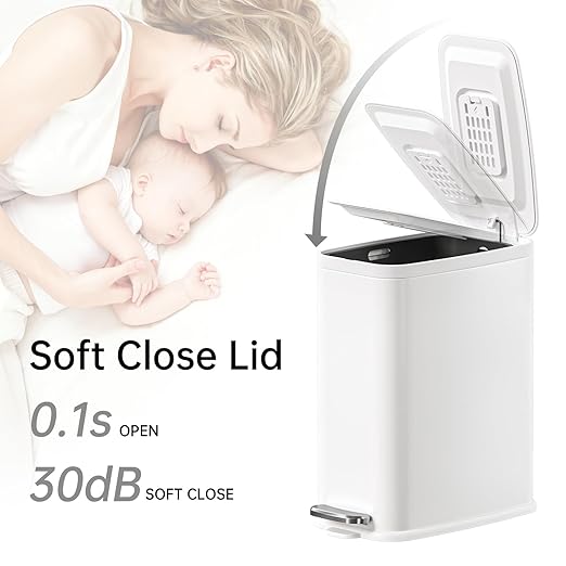 Small Bathroom Trash Can with Lid Soft Close, Step Pedal, 1.6 Gallon White Stainless Steel Garbage Can with Removable Inner Bucket, Includes 60 Trash Bags for Home Bedroom