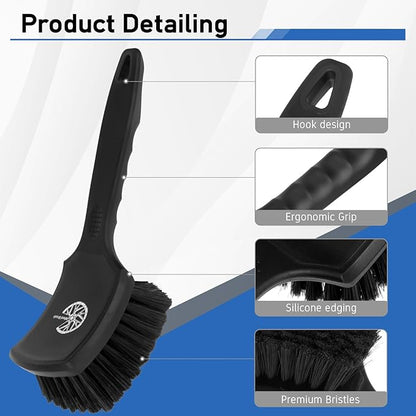 MVEQRRN 2Pack Car Wheel & Tire Detailing Brush Set,Stiff Bristle tire Brush for CleaningTires, Wheel Cleaner Brush with Soft Bristles,Car Wheel Cleaning Brush for Alloy Rims, Carpet,Tires,RVs (Black)