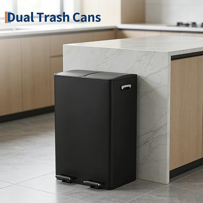Dual 2 x 8 gal (2 x 30L) Stainless Steel Trash Can with Recycling Bin, Soft-Close Lid, Foldable Anti-Slip Step-on Pedal, Stainless Steel Handle, Removable Plastic Inner Buckets for Kitchen or Office