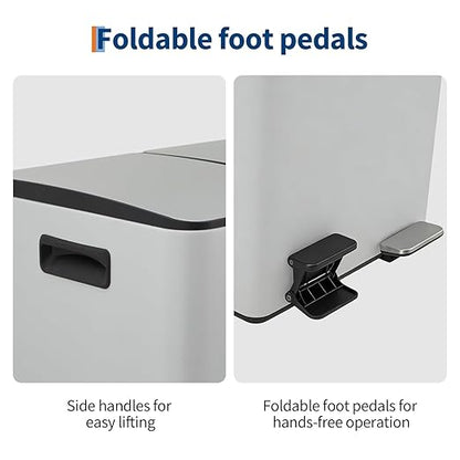 2 x 5.3 Gal (2 x 20L) Dual Compartment Stainless Steel Kitchen Trash Can, Garbagin Bin with Recycling, Soft-Close Lid, Foldable Step-on Pedal, Removable Plastic Inner Buckets, White