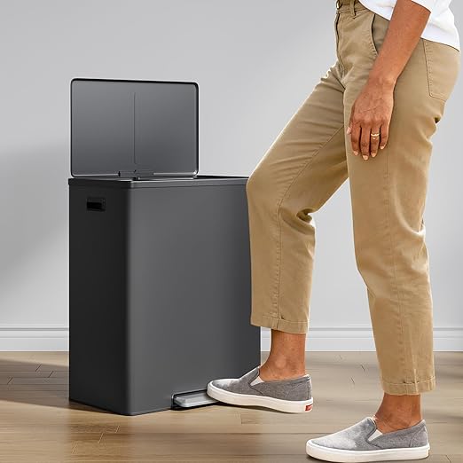 Large Stainless Steel Dual Compartment Recycling Trash Can 60 l/16 Gal Recycle Bins with Lid Waste Bin with Removable Buckets, Bathroom,Kitchen Garbage Can,Black