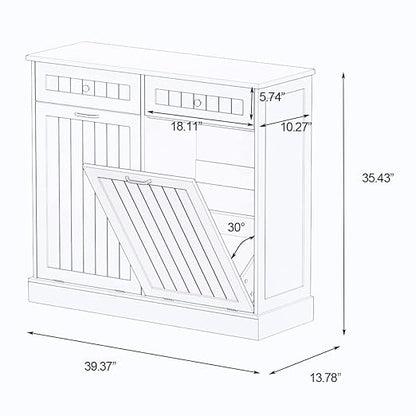 RASOO Double Tilt Out Trash Can Cabinet Freestanding Wooden Kitchen Garbage Trash Can Cabinet with Wood GrainTabletop and 2 Drawers