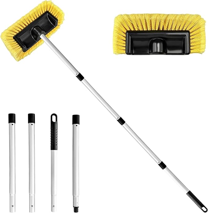 62.7" Car Wash Brush with Long Handle, Scratch-Free Washing Brushes with Five-Sided Soft Bristles, Adjustable Cleaning Brush Wash Mop Kit for RV Truck SUV House Siding (Yellow)
