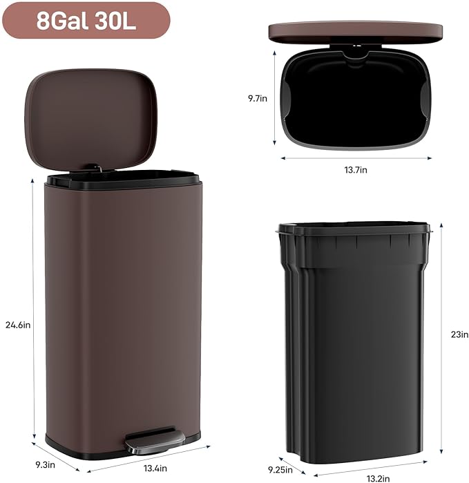 Arlopu 8 Gallon Step Trash Can, Stainless Steel Garbage Bin, Soft-Close Rubbish Bin with Removable Plastic Inner Bucket, Fingerprint-Proof, Lid Dustbin, Suit for Kitchen Home (Brown, 30L)