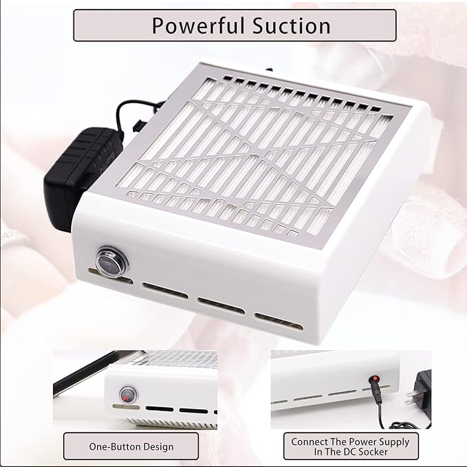 Electric Nail Dust Collector Machine, Nail Vacuum Suction Fan with Reusable Filters, Stainless Steel Nail Dust Cleaner, Dust Extractor Manicure Tool for Acrylic Gel Nail Polishing, White