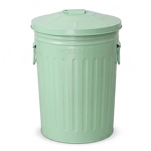 Plexon 2 Gallon Small Metal Trash Can with Lid Bathroom Garbage Can with Lid Bathroom Trash Can for Bedroom Office Kitchen Indoor Waste Basket, Round Powder Coated Green Bucket
