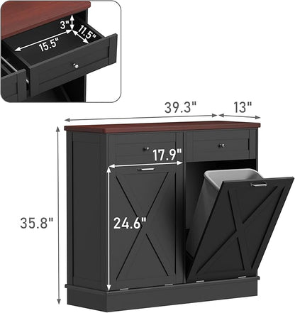 TOLEAD Double Tilt Out Trash Can Cabinet 2 x 10 Gallon Wooden Hidden Trash Cabinet with Barn Door & Solid Wood Top, Farmhouse Kitchen Garbage Bin Enclosure, Pet Proof Odor Blocking for Kitchen, Black