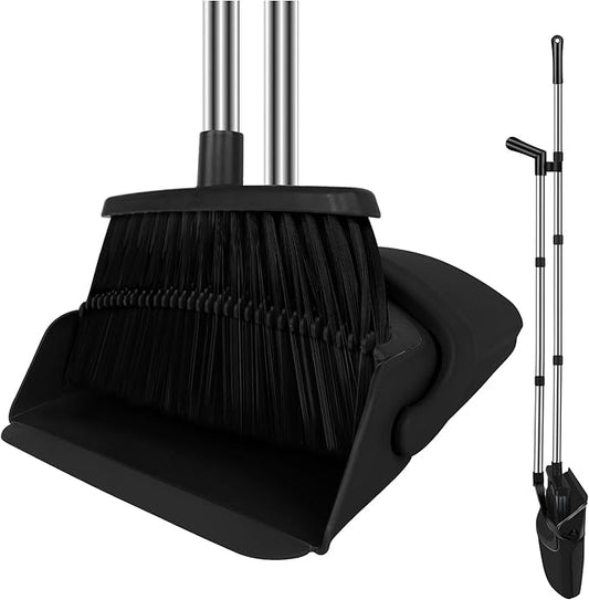 Broom and Dustpan Set with Long Handle, 51" Upright Broom & 39" Dustpan Combo, Pet Hair Rubber Lip Dustpan with Built-in Comb, Standing Dust Pan Set for Home Kitchen Office Indoor Use