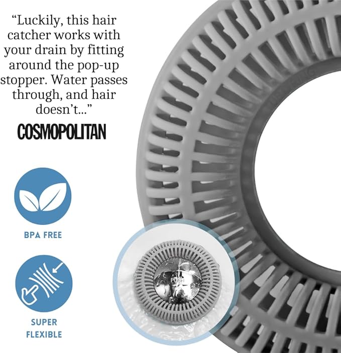 Hair Catcher for Shower Drain & Bathtub – TubRing Pop-Up Drain Protector & Strainer, Reusable Silicone Stopper for Bathroom Clog Prevention, Fits 1.85"–2.16" Drains | Gray