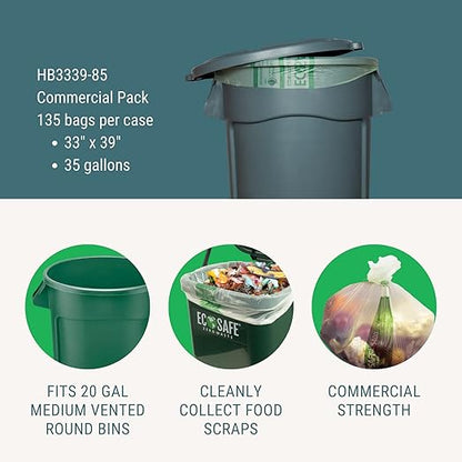 EcoSafe-6400 HB3339-85 Certified Compostable Bag - 33x39” Green Bags for 35 Gallon Bin - Extra Strong Leak, Puncture and Tear Resistant Food Scraps Bin Liners, Pack of 135