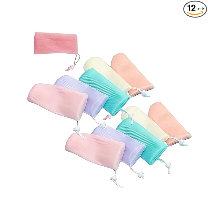 12Pcs Random Color Exfoliating Mesh Soap Pouch Bubble Foam Net Bag for Body Facial Cleaning Tool,for Shower Saver Pouch Drawstring Foaming Net Soap Bag Used Repeatedly Easy to Store Cleansers