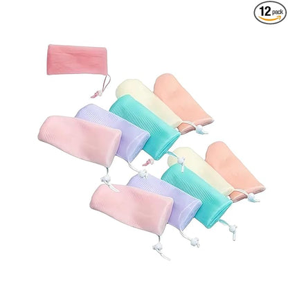 12Pcs Random Color Exfoliating Mesh Soap Pouch Bubble Foam Net Bag for Body Facial Cleaning Tool,for Shower Saver Pouch Drawstring Foaming Net Soap Bag Used Repeatedly Easy to Store Cleansers
