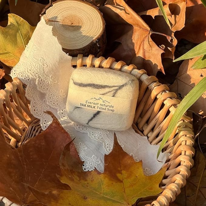 Handmade Felted Soap with Tibetan Yak Milk & Wool Natural Exfoliating Bar for Face & Body, 6 Scents, Includes Bamboo Dish & Travel Pouch (Yak milk)