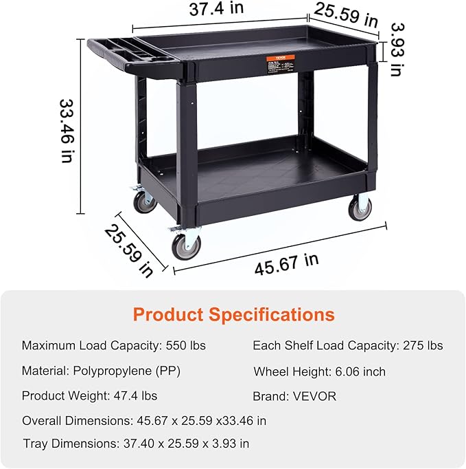VEVOR Utility Service Cart, 2 Shelf 550LBS Heavy Duty Plastic Rolling Utility Cart with 360° Swivel Wheels (2 with Brakes), Large Lipped Shelf, Ergonomic Storage Handle for Warehouse/Garage/Cleaning