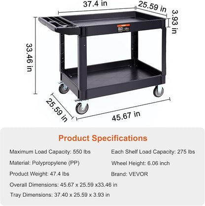 VEVOR Utility Service Cart, 2 Shelf 550LBS Heavy Duty Plastic Rolling Utility Cart with 360° Swivel Wheels (2 with Brakes), Large Lipped Shelf, Ergonomic Storage Handle for Warehouse/Garage/Cleaning