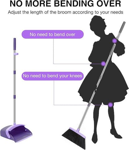 NACENA Broom and Dustpan Set, 52-in Long Adjustable Handle Broom Dustpan Combo with Dustpan Teeth to Automatically Clean Hair Suitable for Home Kitchen Office Hall Floor (Purple)