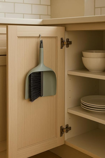 Multi Purpose Hanging Brush and Dustpan Set Sleek Modern Design Compact for Easy Storage (Green)