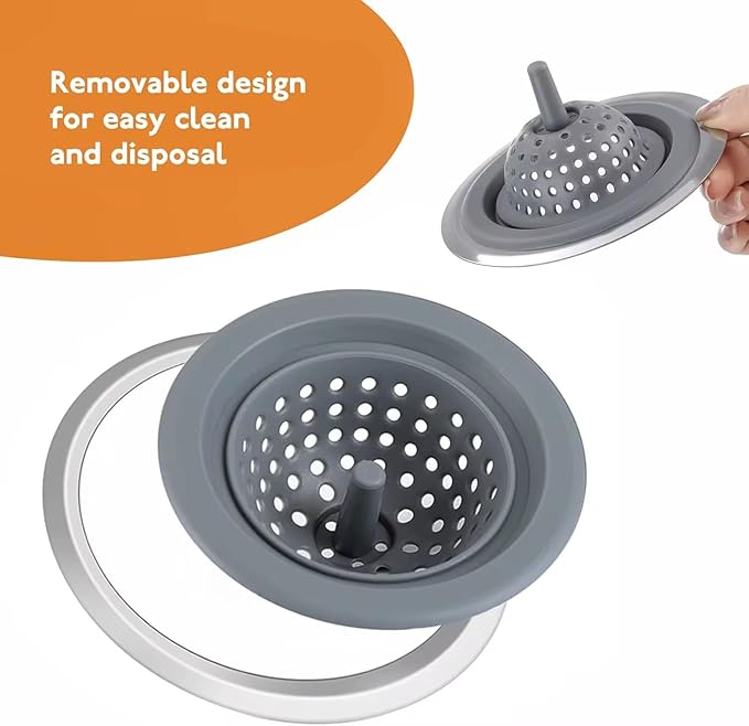 Kitchen Sink Strainer 2 Pack, Stainless Steel Rim with Silicone Basket, Anti-Clog Sink Drain Catcher, Food Strainer for Kitchen Sink, Fits Standard Drains, Black