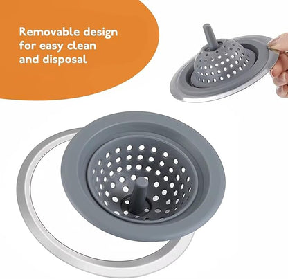 Kitchen Sink Strainer 2 Pack, Stainless Steel Rim with Silicone Basket, Anti-Clog Sink Drain Catcher, Food Strainer for Kitchen Sink, Fits Standard Drains, Black
