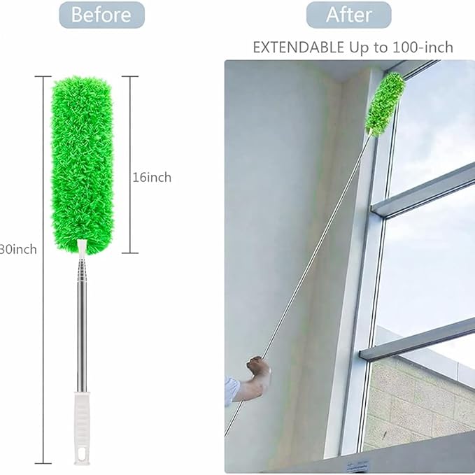 Duster for Cleaning High Ceiling Fan (Green), AzunMicrofiber Feather Duster with 30" to 100" TelescopingExtension Pole, Long Extendable Duster for Home CarFurniture Cobweb