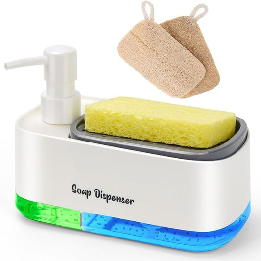 5-in-1 Kitchen Soap Dispenser Set with Sponge Holder - Dual Hand & Dish Soap Pump Dispenser for Sink Countertop with 2-Packs Natural Loofah Dish Sponge Dishwashing Scrubber,White