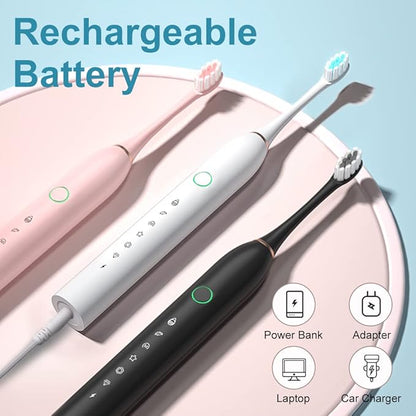 SUNPRO 2 Pack Adults Sonic Electric Toothbrush, 42000vpm, 6 Modes Rechargeable for Deep Cleaning Include 8 Heads (Black+White)