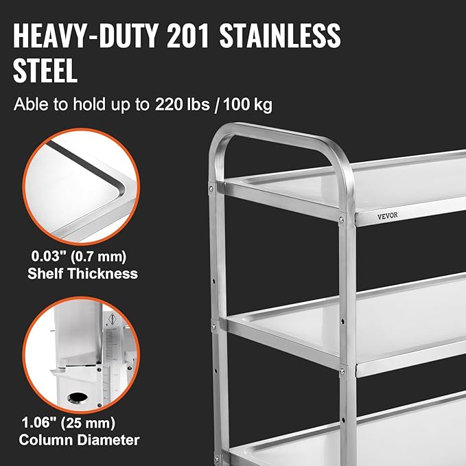 VEVOR Kitchen Utility Cart, 3 Tiers, Wire Rolling Cart with 220LBS Capacity, Steel Service Cart on Wheels, Metal Storage Trolley with 80mm Basket Curved Handle PP Liner 6 Hooks, for Indoor and Outdoor