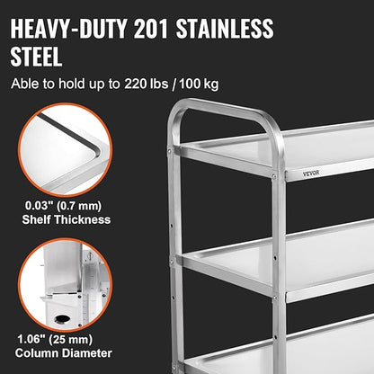 VEVOR Kitchen Utility Cart, 3 Tiers, Wire Rolling Cart with 220LBS Capacity, Steel Service Cart on Wheels, Metal Storage Trolley with 80mm Basket Curved Handle PP Liner 6 Hooks, for Indoor and Outdoor