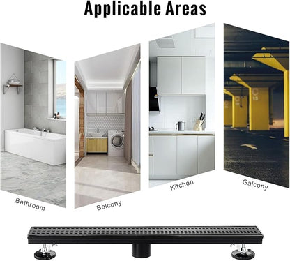 SaniteModar Linear Shower Drain, Black Shower Drain 12 inch with Square Hole Panel, Matte Black Linear Drain with Hair Strainer and Leveling feet