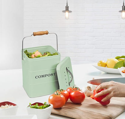 Stainless Steel Compost Bin for Kitchen Countertop Compost Bin,1 Gallon, Kitchen Trash Can -Includes Charcoal Filter,Compost with Lid-Green