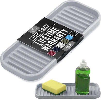 Zulay Kitchen (9x3.5in) Sponge Holder for Kitchen Sink - Flexible Heavy-Duty Multipurpose Sink Caddy - Counter Organizer for Kitchen, Bathroom, Makeup, Trinkets & More! (Grey)
