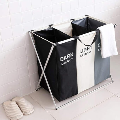 Nicesail 3 Section Laundry Basket Printed Dark Light Color, Foldable Hamper/Sorter with Waterproof Oxford Bags and Aluminum Frame, Washing Clothes Storage for Home, Dormitary Multicolored