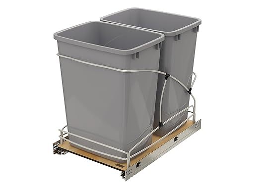 Rev-A-Shelf 35 Qt / 8.75 Gal Steel Bottom Mount Double Pullout Waste Container w/Soft-Close for Base Cabinets, Min Opening Width of 14.5", Silver, 54WC-1835SC-17-1