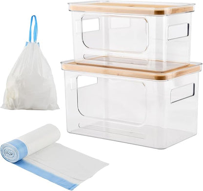 2Pcs Trash Bag Holder Under Sink Stackable Storage with 30 pcs Trash Bags, Clear Large Laundry Pods Container with Lid, Garbage Bag Dispenser Roll Holder for Kitchen Cabinet