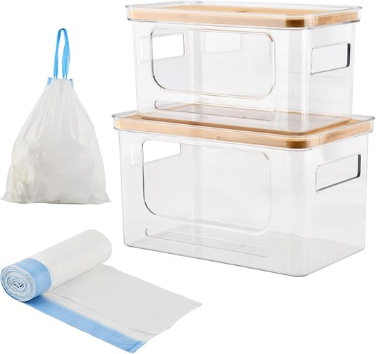 2Pcs Trash Bag Holder Under Sink Stackable Storage with 30 pcs Trash Bags, Clear Large Laundry Pods Container with Lid, Garbage Bag Dispenser Roll Holder for Kitchen Cabinet