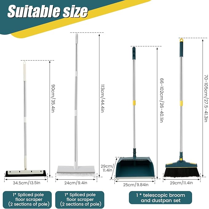 4Pcs Broom and Dustpan Set with Floor Squeegee Rectangular Brush Retractable Upright Broom Dustpan Squeegee Rectangular Brush Combo Set with Long Stainless Steel Handle for Living Room Kitchen Office
