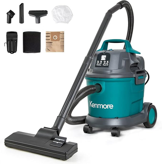 Kenmore KW3030 Wet Dry Canister 3.2 Gallon 2.5 Peak HP Vacuum Cleaner with Extension Wands Tool Storage & Wall Bracket for Garage, Car, Home, 3.2 Gallons, Green