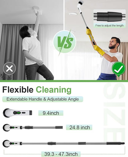 Electric Spin Scrubber, Cordless Power Cleaning Brush with 9 Replaceable Heads, Rechargeable Shower Scrubber with Adjustable Handle, IPX7 Waterproof Scrubber for Bathroom Tile Car,White-ra1