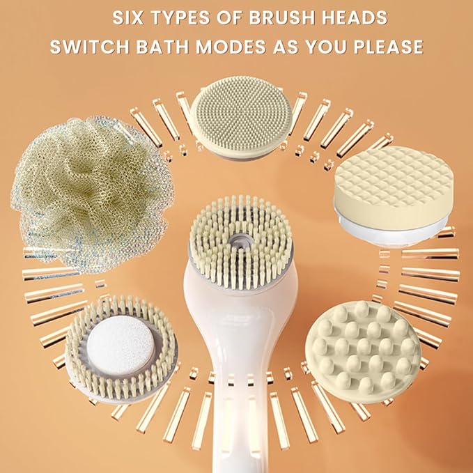 Electric Back Scrubber for Shower Body Brush, Waterproof Shower Body Scrubber for Cleansing, Massaging, Rechargeable Spinning Bath Brush for Kids & Adults with 6 Heads & 3 Speed Modes