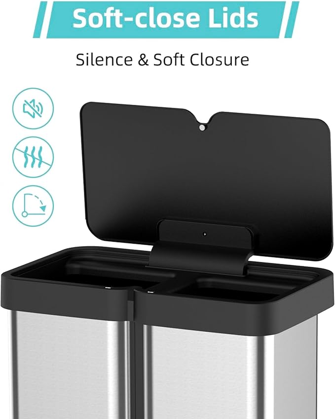 Dual Compartment Motion Sensor Trash Can, 2×8 Gal Garbage Can with Lid, Stainless Steel Trash Bin with 2 Removable Inner Buckets, Soft-Close Foot Pedal, Fingerprint-Resistant for Kitchen Home Office