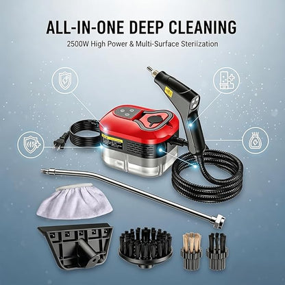 2500W Handheld Steam Cleaner for Home: High Temperature Pressurized Steamer with 6 Adjustable Levels for Cleaning - Portable Multi-Surface Steam Cleaning Machine for Kitchen, Furniture (red)