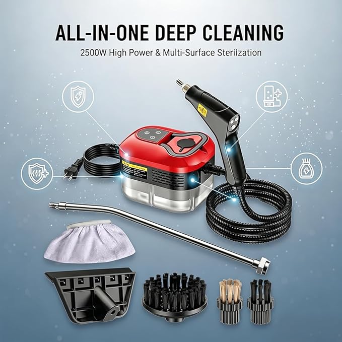 2500W Handheld Steam Cleaner for Home: High Temperature Pressurized Steamer with 6 Adjustable Levels for Cleaning - Portable Multi-Surface Steam Cleaning Machine for Kitchen, Furniture (black)
