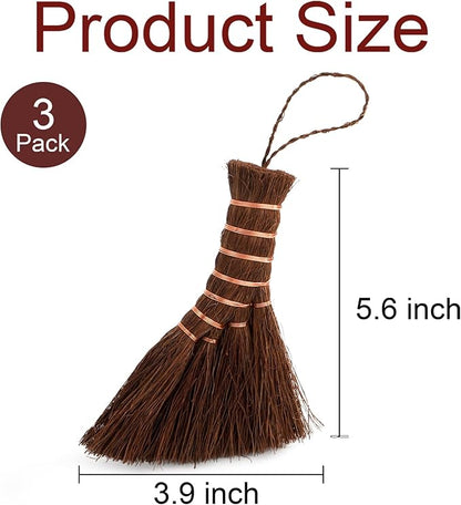 Fasmov 3 Pack Bonsai Broom Brush, Natural Straw Broom with Embroidery Nylon Thread Handle with Hanger, Whisk Broom Hand Brush Car Broom for Cleaning Dustpan Desktop