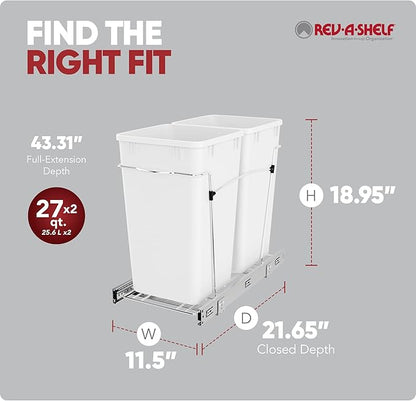Rev-A-Shelf Double 27 Qt Pullout Trash Can for Base Kitchen Cabinets, Garbage Waste Bin System with Full Extension Slides, Min Opening Width of 11.5", White, RV-15KD-11C S