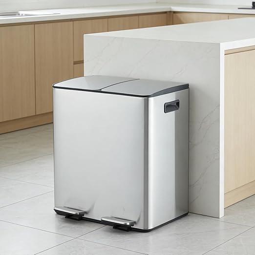 Garvee Dual Compartment Trash Can, 2 x 5.3 Gal (2 x 20L) Stainless Steel Recycling Bin with Foldable Foot Pedal & Soft-Close Lid, Kitchen Garbage & Recycle Combo - Silver