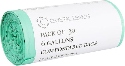 Crystal Lemon 30-Count Biodegradable 6 Gallon Bags, Heavy Duty and Unscented – Ideal for Kitchen, Bathroom, Yard, and Food Waste
